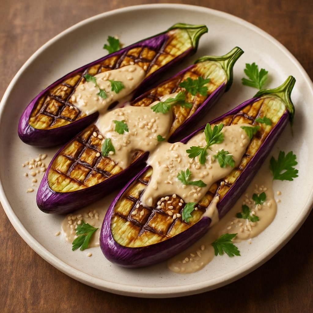 Grilled Japanese Eggplant with Tahini Sauce